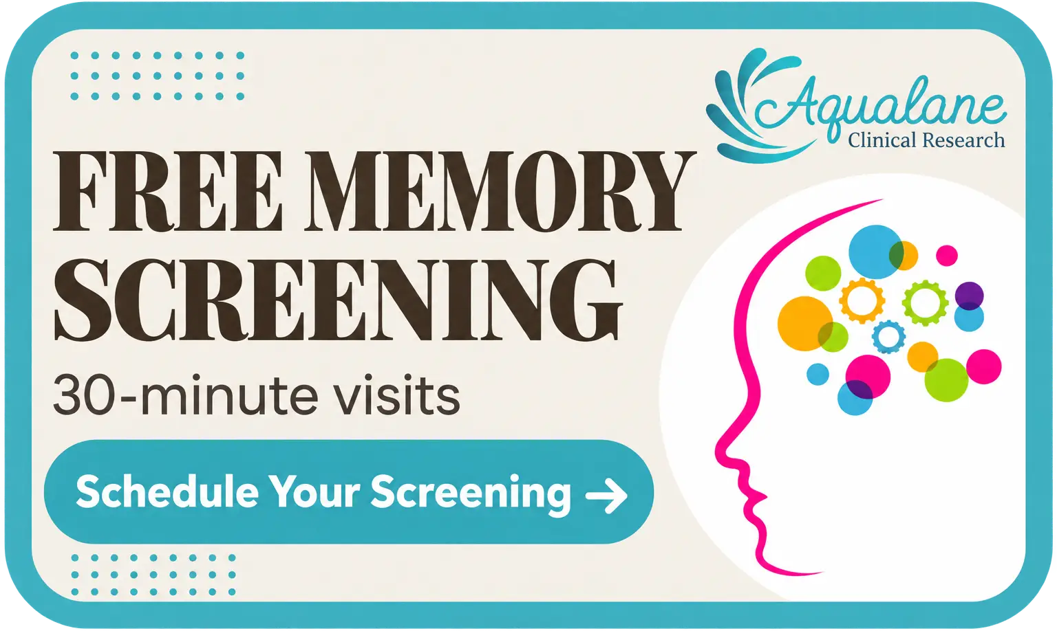 Free memory screening, 30-minute visits. Schedule your screening.